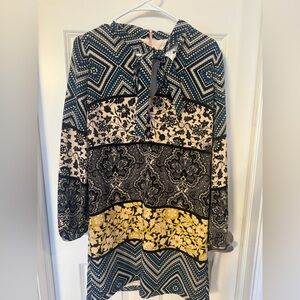 London Times NWT Patchwork Floral Shift Dress Size 6 Blue Gold Tie Neck